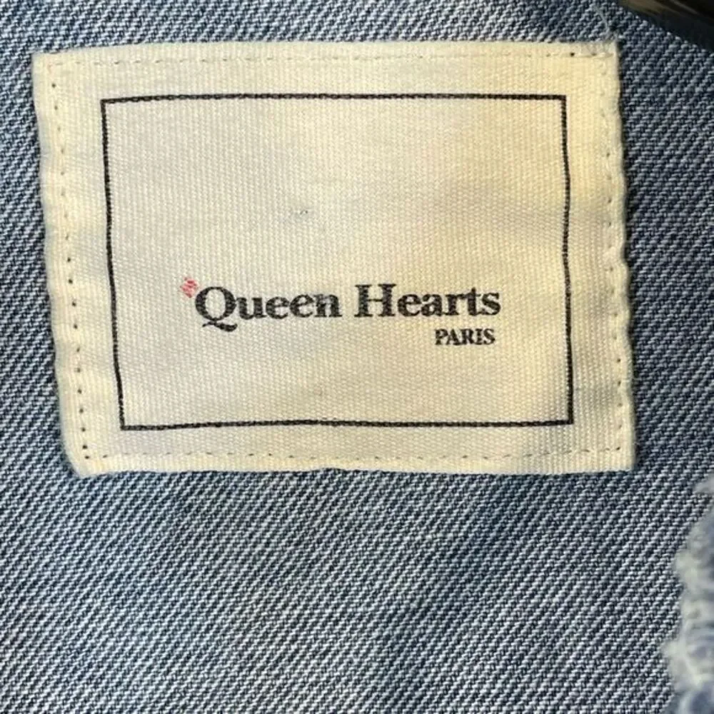 Queen Hearts Womens Long Denim Jacket‎ Blue Size Medium Distressed Grunge Rock - Picture 2 of 12